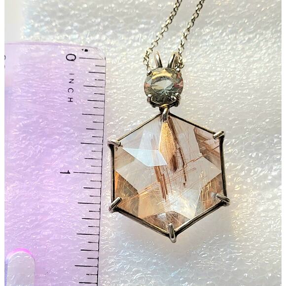 Large Gold  Rutilated Quartz Spiritual Hex Necklace Sterling Plus 2nd Crystal - Picture 10 of 11